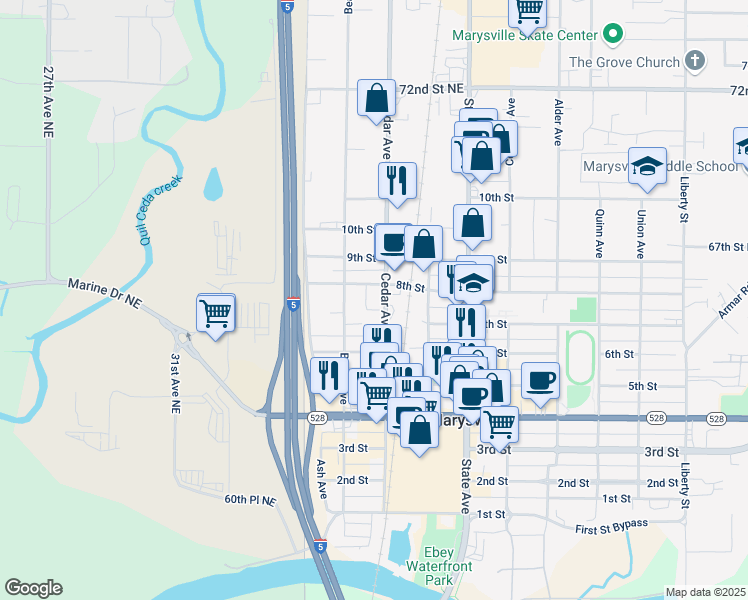 map of restaurants, bars, coffee shops, grocery stores, and more near 1218 8th Street in Marysville