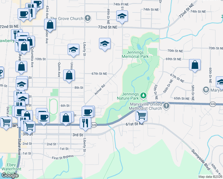 map of restaurants, bars, coffee shops, grocery stores, and more near 4925 65th Street Northeast in Marysville