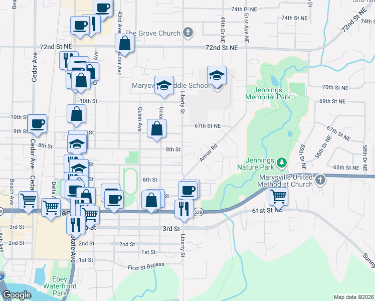 map of restaurants, bars, coffee shops, grocery stores, and more near 6519 47th Avenue Northeast in Marysville