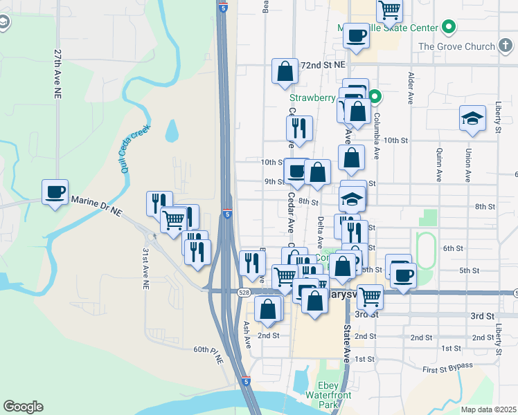 map of restaurants, bars, coffee shops, grocery stores, and more near 725 Beach Avenue in Marysville