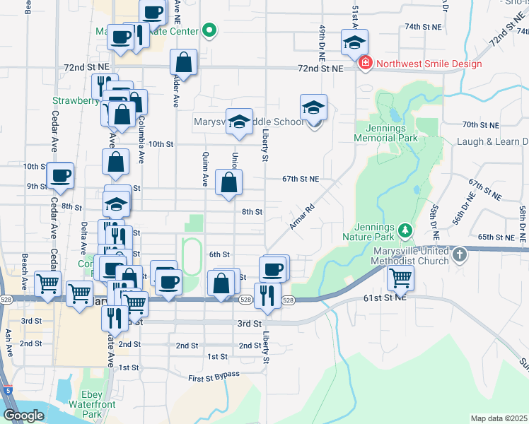 map of restaurants, bars, coffee shops, grocery stores, and more near 6515 47th Avenue Northeast in Marysville