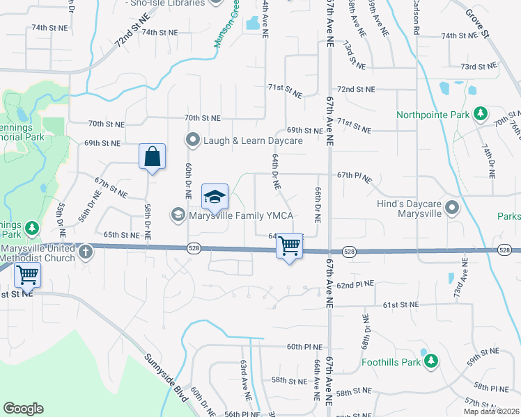 map of restaurants, bars, coffee shops, grocery stores, and more near 6529 63rd Drive Northeast in Marysville