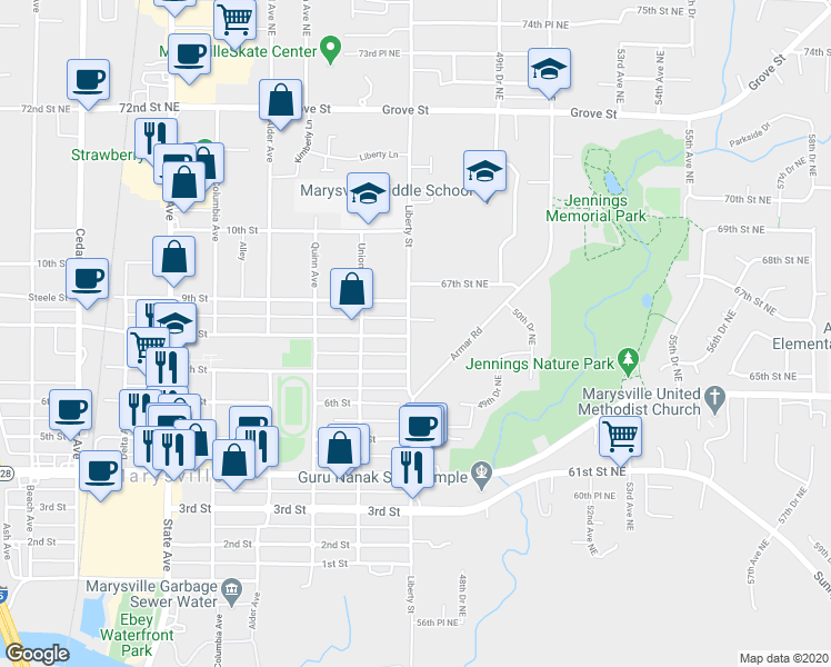 map of restaurants, bars, coffee shops, grocery stores, and more near 6519 47th Avenue Northeast in Marysville