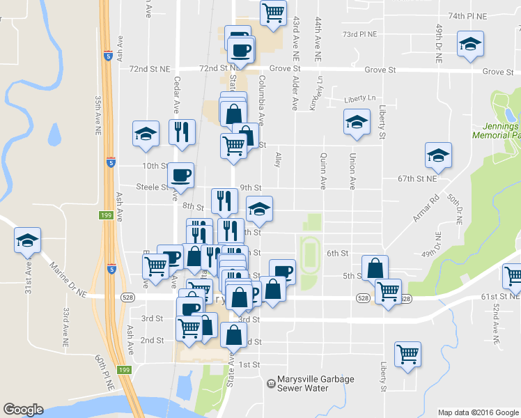 map of restaurants, bars, coffee shops, grocery stores, and more near 805 Columbia Avenue in Marysville