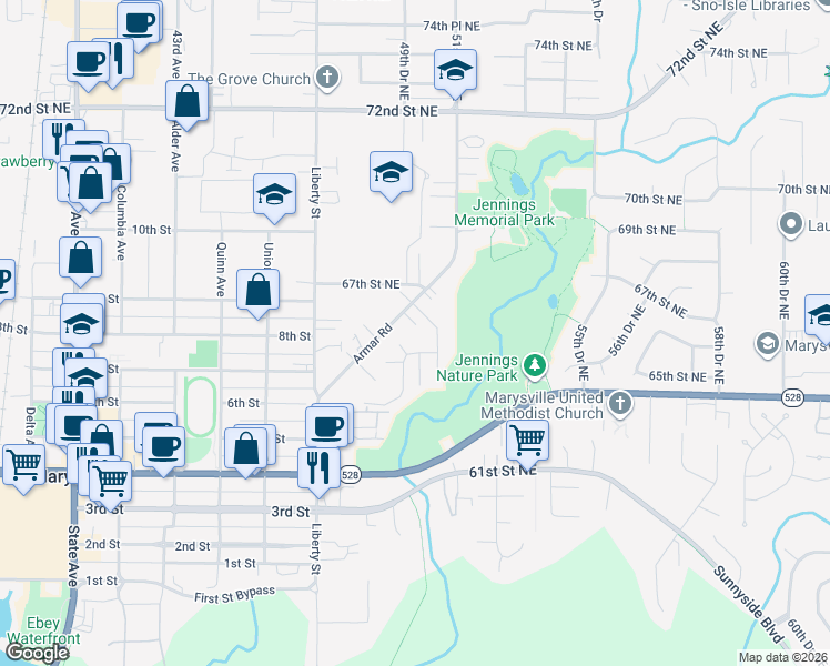map of restaurants, bars, coffee shops, grocery stores, and more near 6607 Armar Road in Marysville