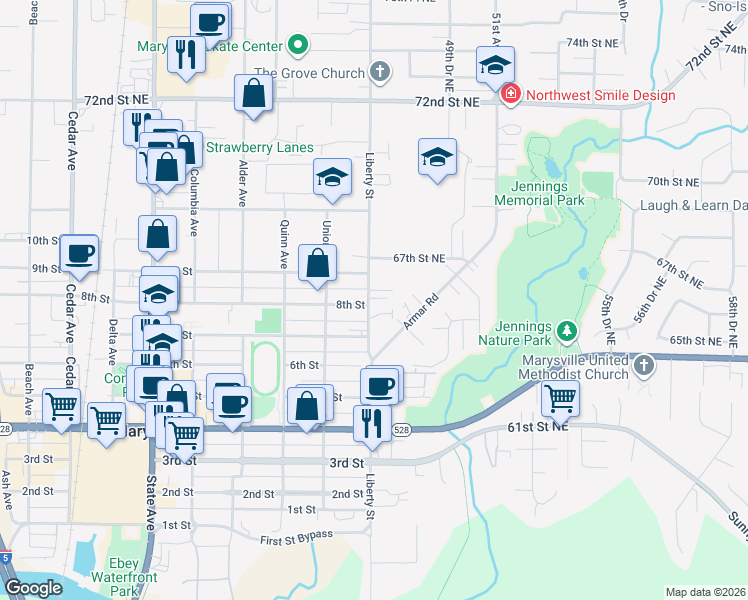 map of restaurants, bars, coffee shops, grocery stores, and more near 6519 47th Avenue Northeast in Marysville