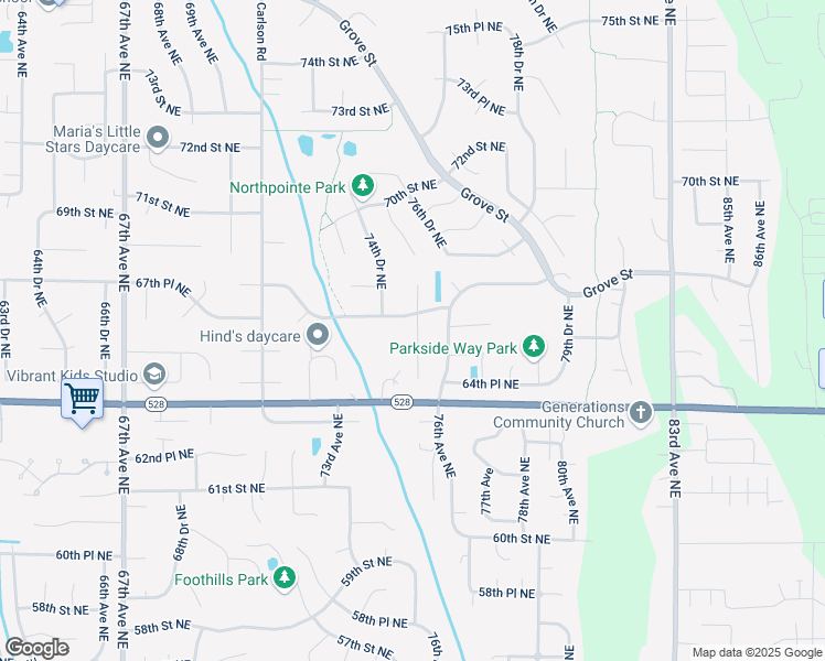 map of restaurants, bars, coffee shops, grocery stores, and more near 6614 75th Drive Northeast in Marysville