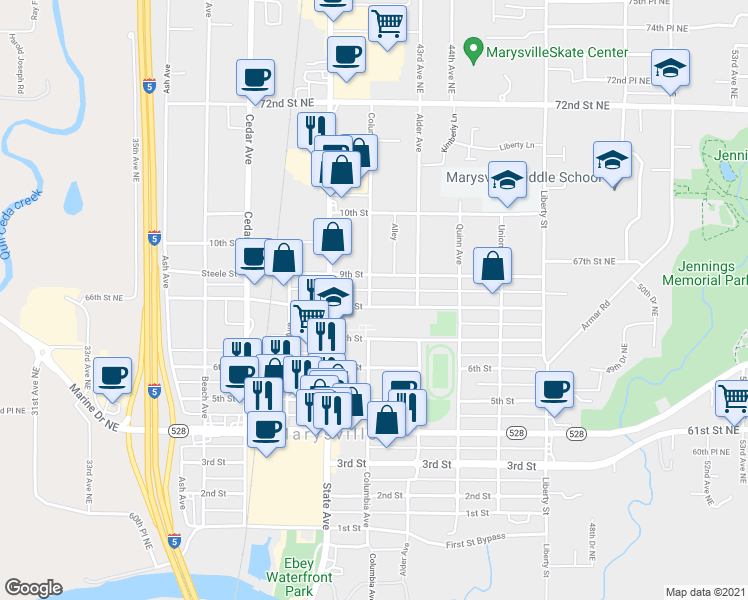 map of restaurants, bars, coffee shops, grocery stores, and more near 804 Columbia Avenue in Marysville