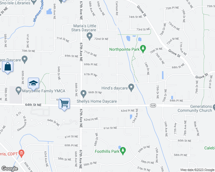 map of restaurants, bars, coffee shops, grocery stores, and more near 7004 67th Place Northeast in Marysville