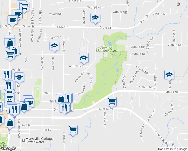 map of restaurants, bars, coffee shops, grocery stores, and more near 6523 50th Drive Northeast in Marysville