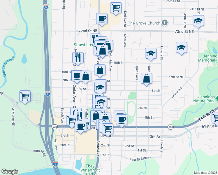 map of restaurants, bars, coffee shops, grocery stores, and more near 804 Columbia Avenue in Marysville