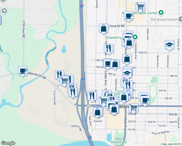 map of restaurants, bars, coffee shops, grocery stores, and more near 725 Beach Avenue in Marysville
