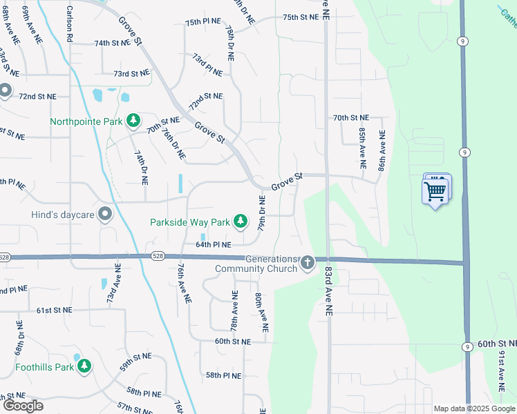 map of restaurants, bars, coffee shops, grocery stores, and more near 6604 79th Drive Northeast in Marysville
