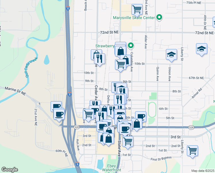 map of restaurants, bars, coffee shops, grocery stores, and more near 716 Cedar Avenue in Marysville