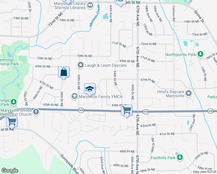 map of restaurants, bars, coffee shops, grocery stores, and more near 6529 63rd Drive Northeast in Marysville