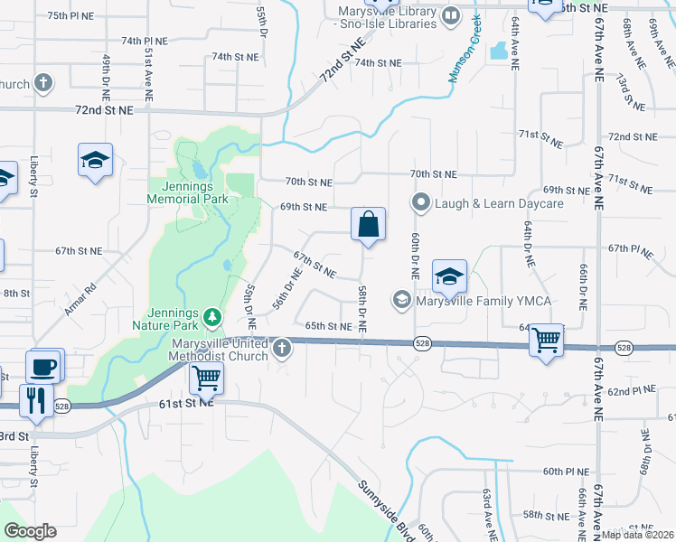 map of restaurants, bars, coffee shops, grocery stores, and more near 5730 67th Street Northeast in Marysville