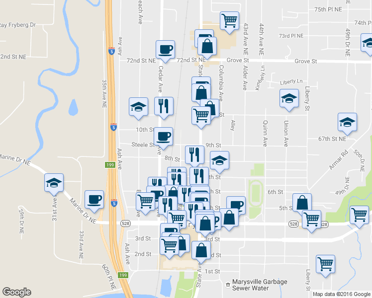 map of restaurants, bars, coffee shops, grocery stores, and more near 1413 8th Street in Marysville