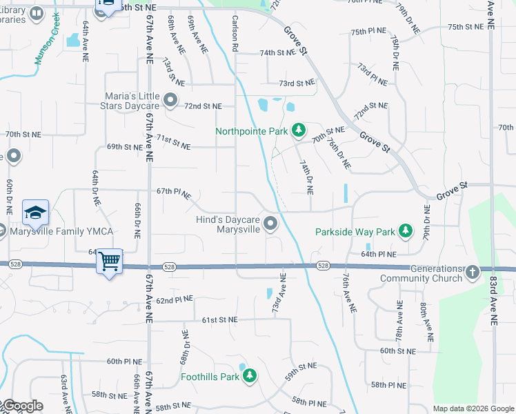 map of restaurants, bars, coffee shops, grocery stores, and more near 6600 72nd Drive Northeast in Marysville