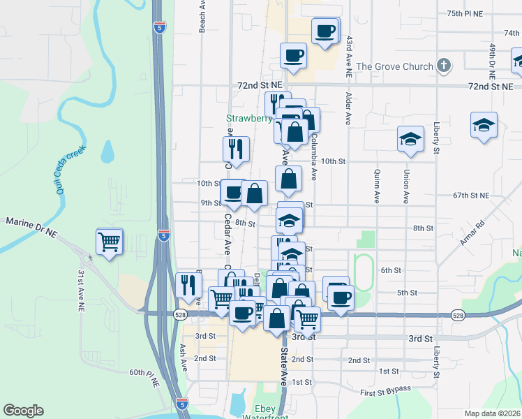 map of restaurants, bars, coffee shops, grocery stores, and more near 1413 8th Street in Marysville