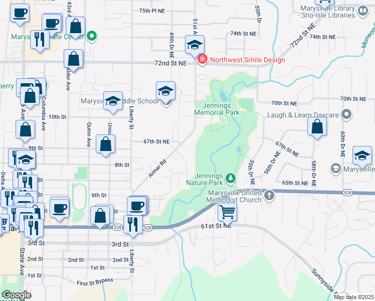 map of restaurants, bars, coffee shops, grocery stores, and more near 6523 50th Drive Northeast in Marysville