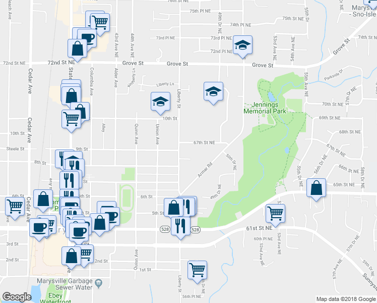 map of restaurants, bars, coffee shops, grocery stores, and more near 6519 47th Avenue Northeast in Marysville