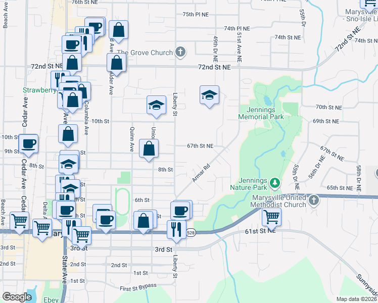 map of restaurants, bars, coffee shops, grocery stores, and more near 4827 67th Street Northeast in Marysville