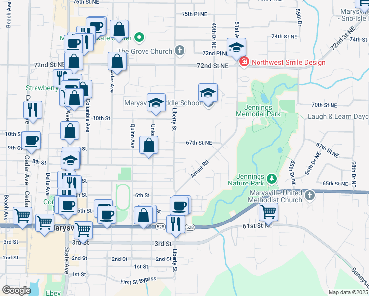 map of restaurants, bars, coffee shops, grocery stores, and more near 4720 67th Street Northeast in Marysville