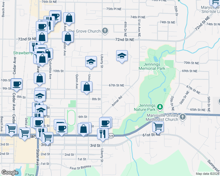 map of restaurants, bars, coffee shops, grocery stores, and more near 4827 67th Street Northeast in Marysville