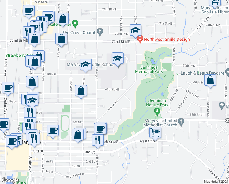 map of restaurants, bars, coffee shops, grocery stores, and more near 4830 67th Street Northeast in Marysville