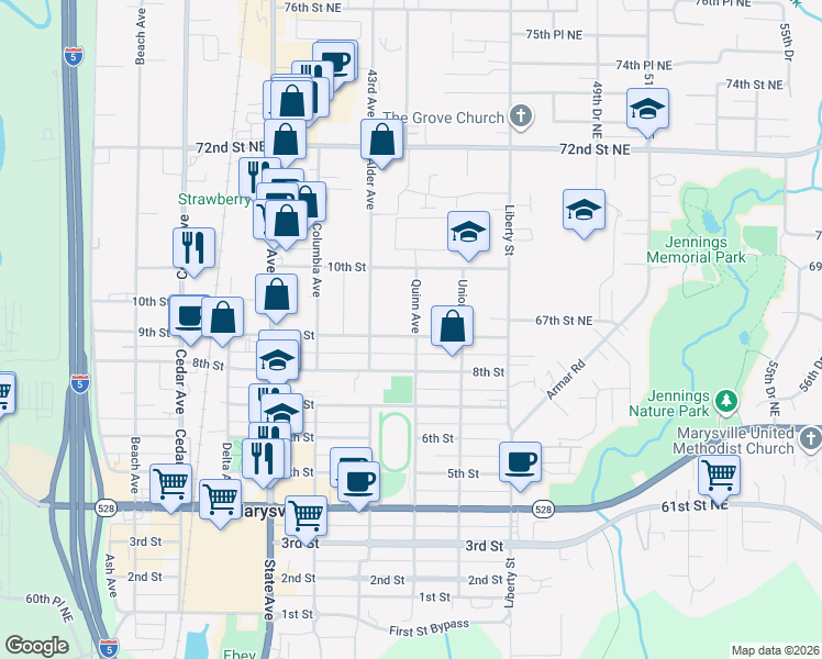 map of restaurants, bars, coffee shops, grocery stores, and more near 1727 9th Street in Marysville