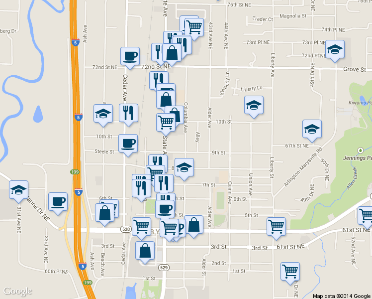 map of restaurants, bars, coffee shops, grocery stores, and more near 914 Columbia Avenue in Marysville