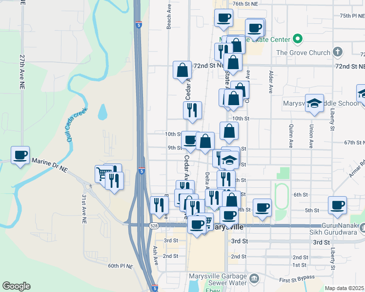 map of restaurants, bars, coffee shops, grocery stores, and more near 1224 10th Street in Marysville