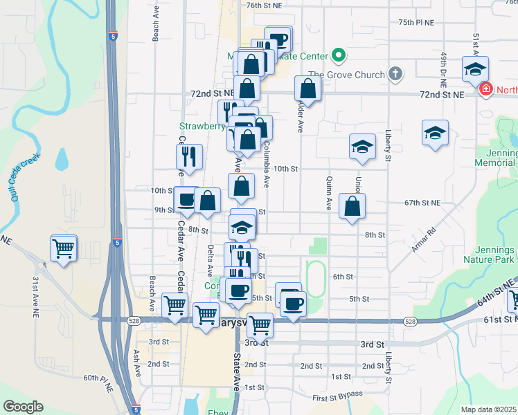 map of restaurants, bars, coffee shops, grocery stores, and more near 914 Columbia Avenue in Marysville