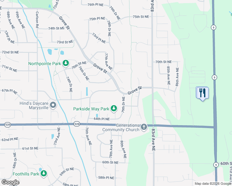 map of restaurants, bars, coffee shops, grocery stores, and more near 7802 67th Street Northeast in Marysville
