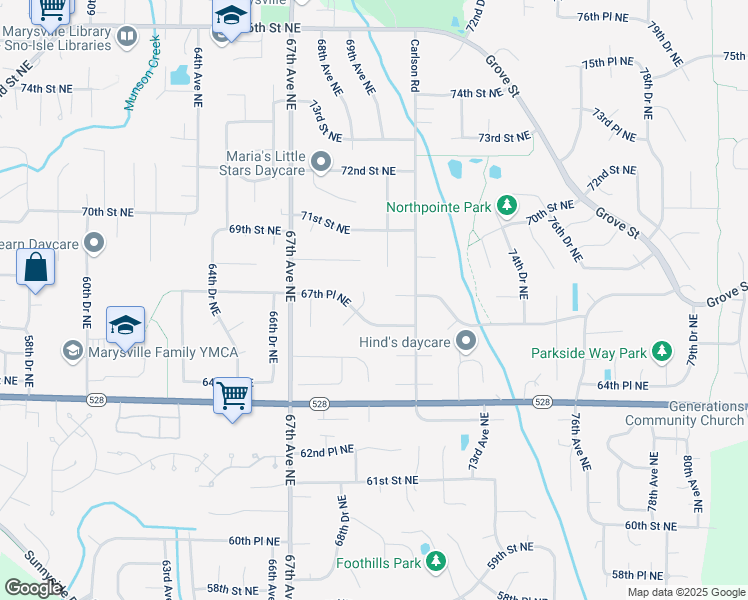 map of restaurants, bars, coffee shops, grocery stores, and more near 6724 69th Drive Northeast in Marysville