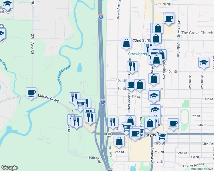 map of restaurants, bars, coffee shops, grocery stores, and more near 1104 10th Street in Marysville