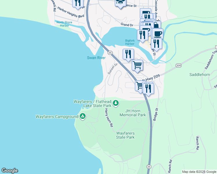 map of restaurants, bars, coffee shops, grocery stores, and more near 142 Whisper Ridge Drive in Bigfork