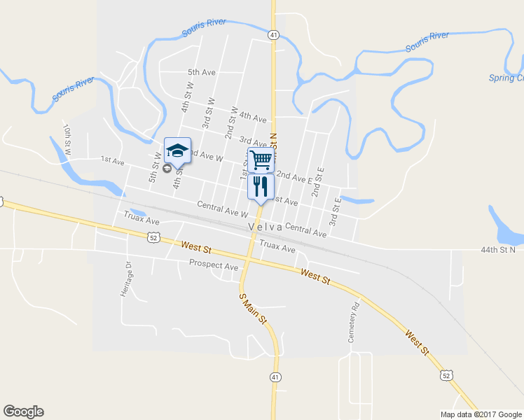 map of restaurants, bars, coffee shops, grocery stores, and more near State Highway 41 in Velva