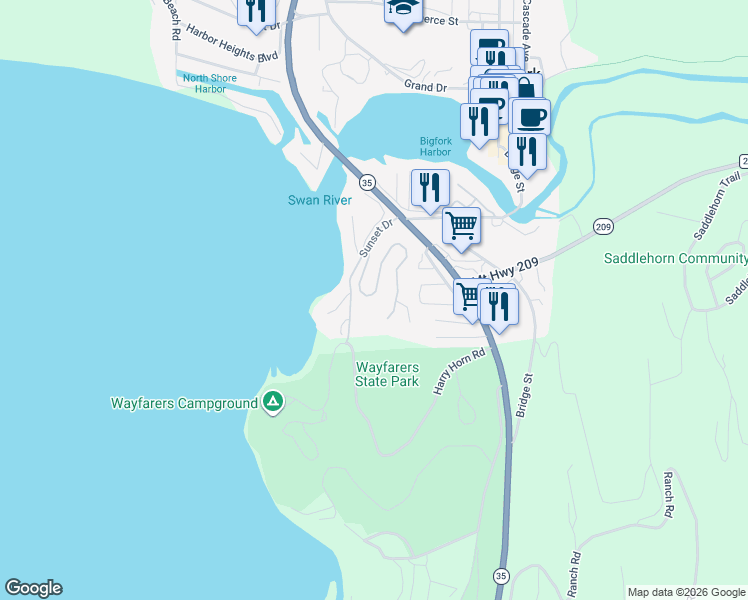 map of restaurants, bars, coffee shops, grocery stores, and more near 272 Whisper Ridge Drive in Bigfork