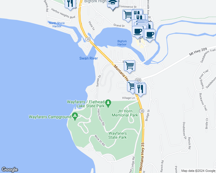 map of restaurants, bars, coffee shops, grocery stores, and more near 272 Whisper Ridge Drive in Bigfork