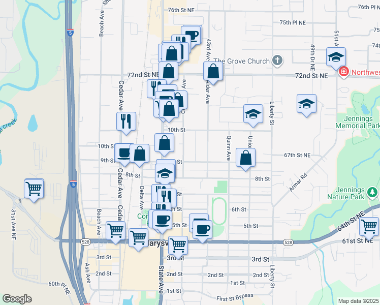 map of restaurants, bars, coffee shops, grocery stores, and more near 914 Columbia Avenue in Marysville