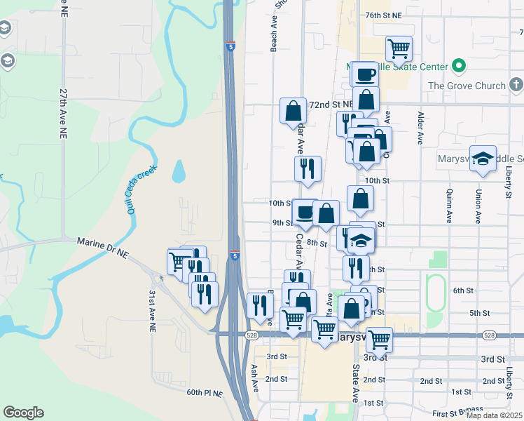 map of restaurants, bars, coffee shops, grocery stores, and more near 1124 10th Street in Marysville