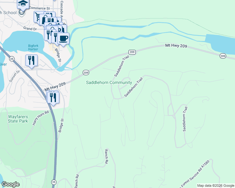 map of restaurants, bars, coffee shops, grocery stores, and more near 112 Trading Post Trail in Bigfork