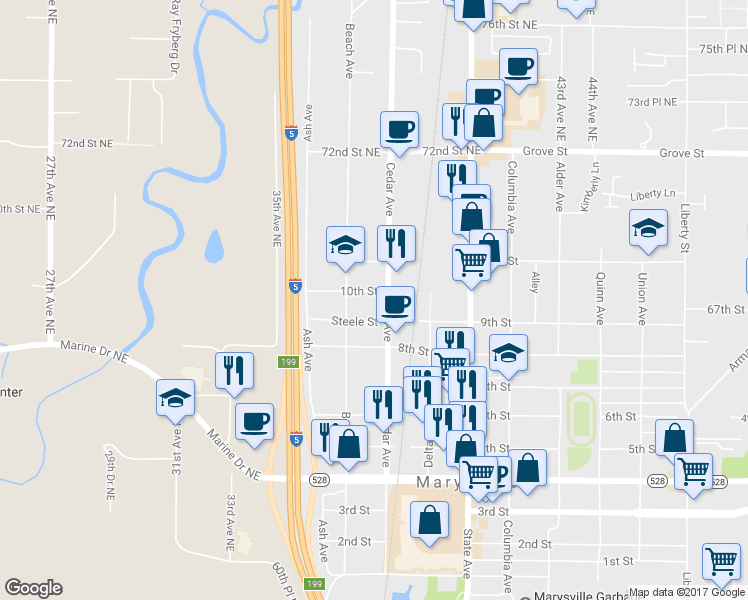 map of restaurants, bars, coffee shops, grocery stores, and more near 1224 10th Street in Marysville