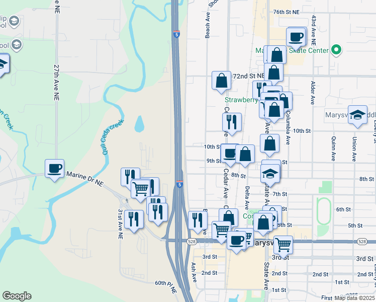 map of restaurants, bars, coffee shops, grocery stores, and more near 1104 10th Street in Marysville