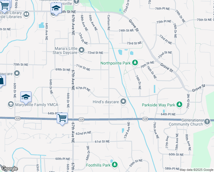map of restaurants, bars, coffee shops, grocery stores, and more near 7015 67th Street Northeast in Marysville