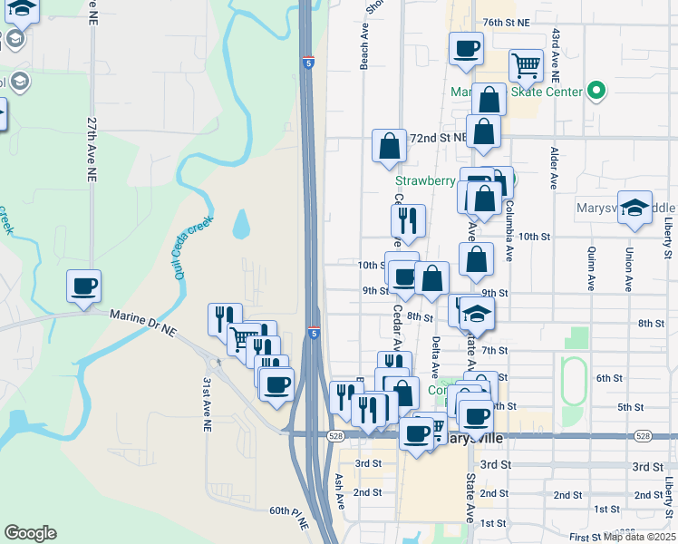 map of restaurants, bars, coffee shops, grocery stores, and more near 1104 10th Street in Marysville