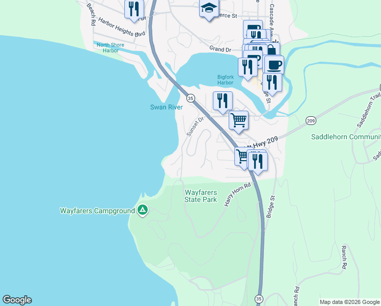 map of restaurants, bars, coffee shops, grocery stores, and more near 142 Whisper Ridge Drive in Bigfork