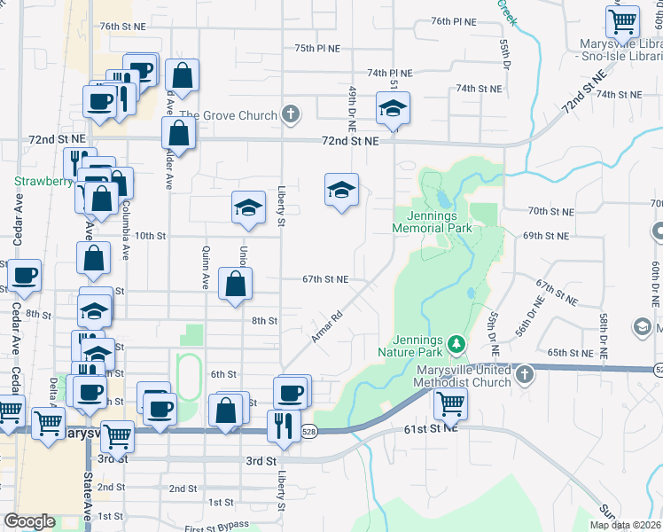 map of restaurants, bars, coffee shops, grocery stores, and more near 4827 67th Street Northeast in Marysville