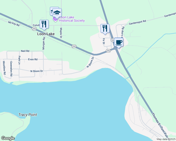 map of restaurants, bars, coffee shops, grocery stores, and more near 39877 North Shore Drive in Loon Lake